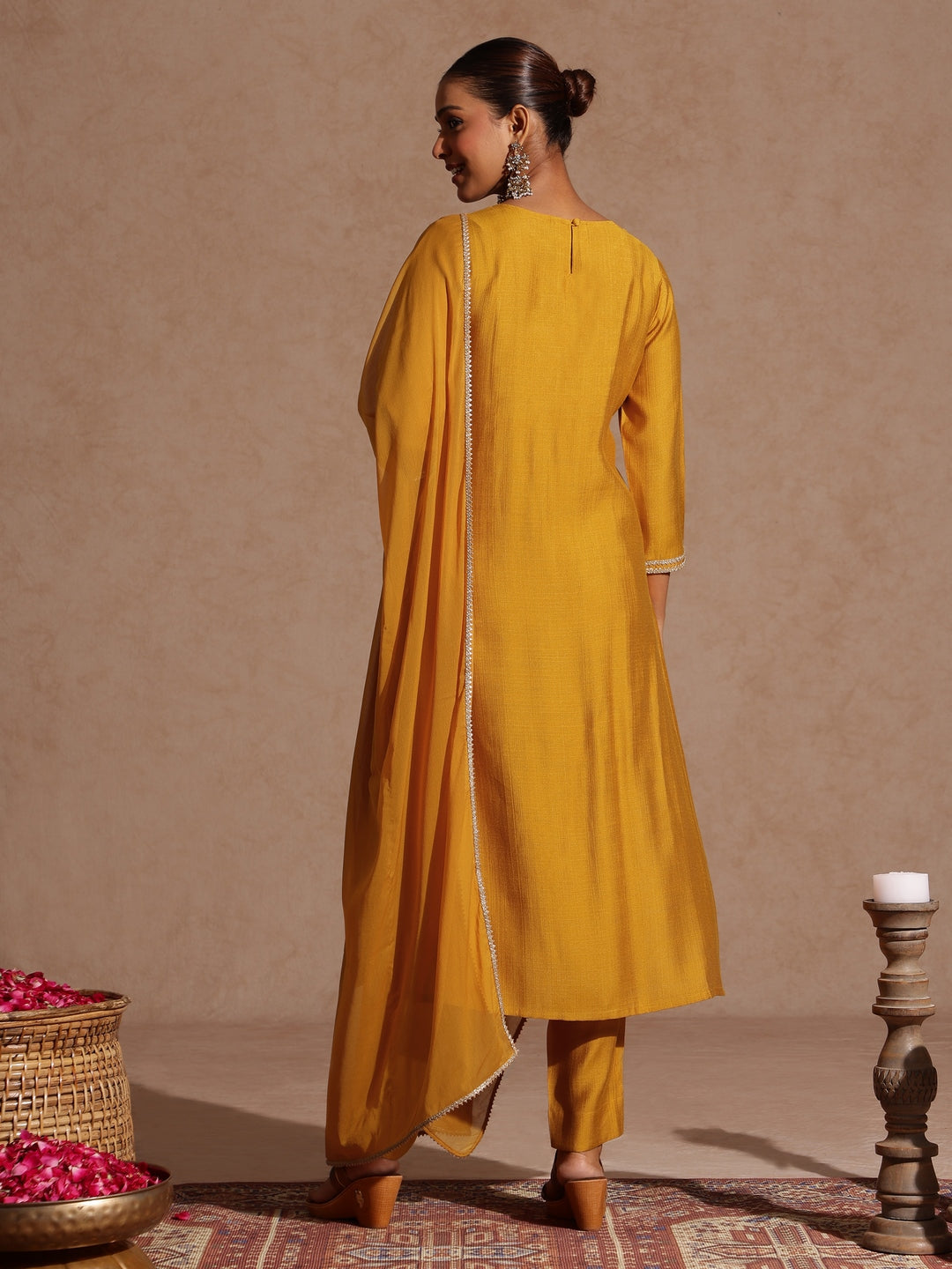 Ninnique Women's Mustard Silk Blend Embroidered Straight Kurta Set