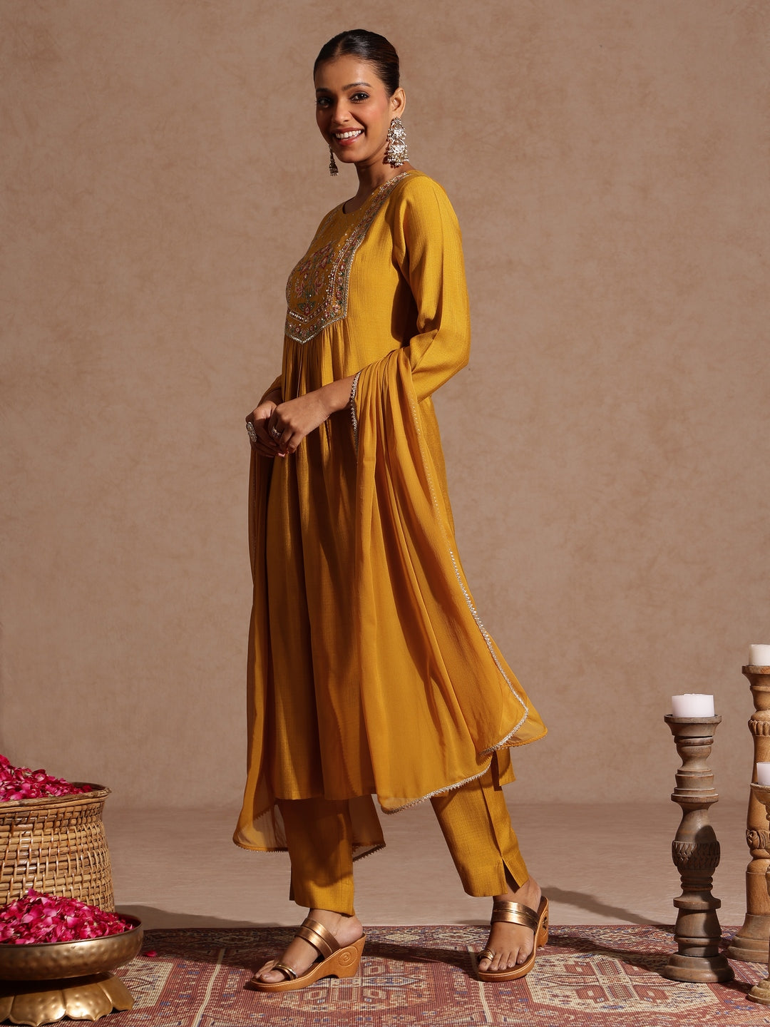Ninnique Women's Mustard Silk Blend Embroidered Straight Kurta Set
