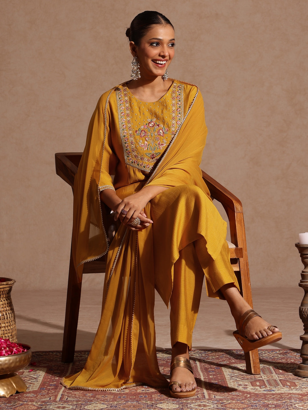 Ninnique Women's Mustard Silk Blend Embroidered Straight Kurta Set