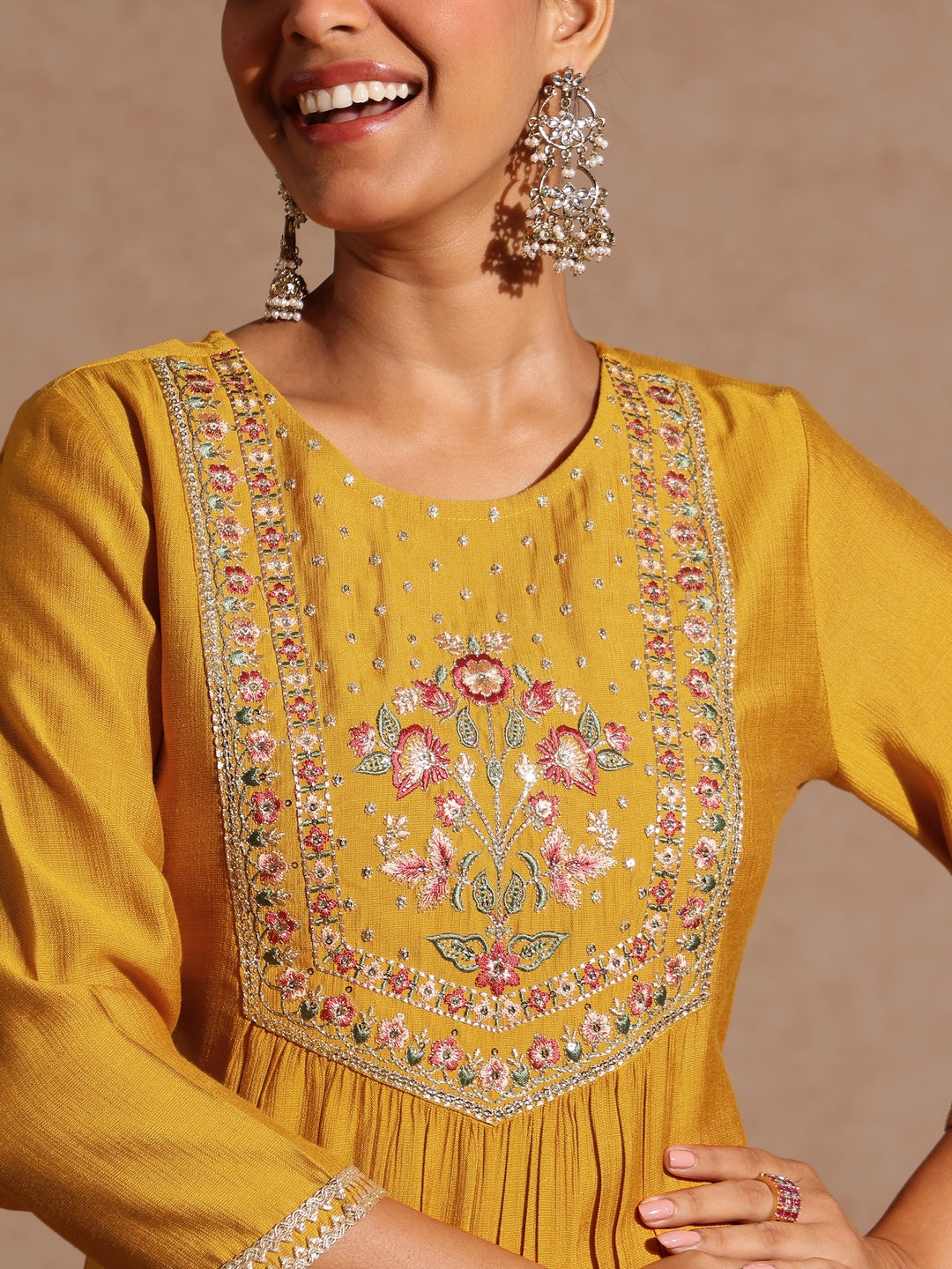 Ninnique Women's Mustard Silk Blend Embroidered Straight Kurta Set