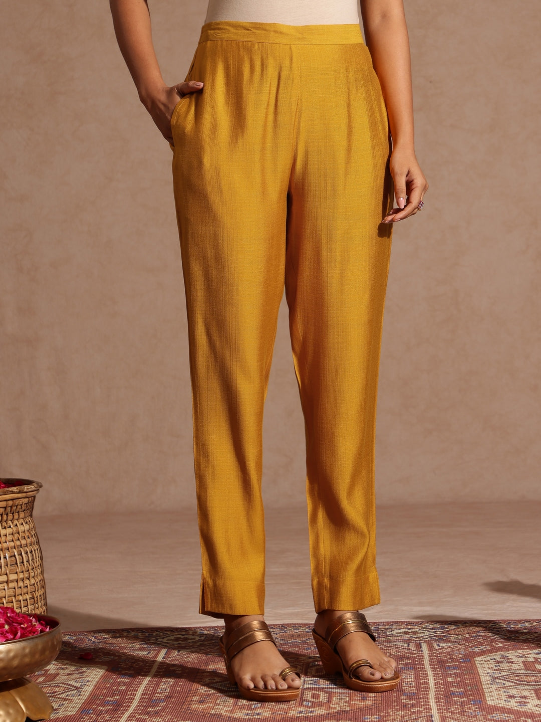 Ninnique Women's Mustard Silk Blend Embroidered Straight Kurta Set