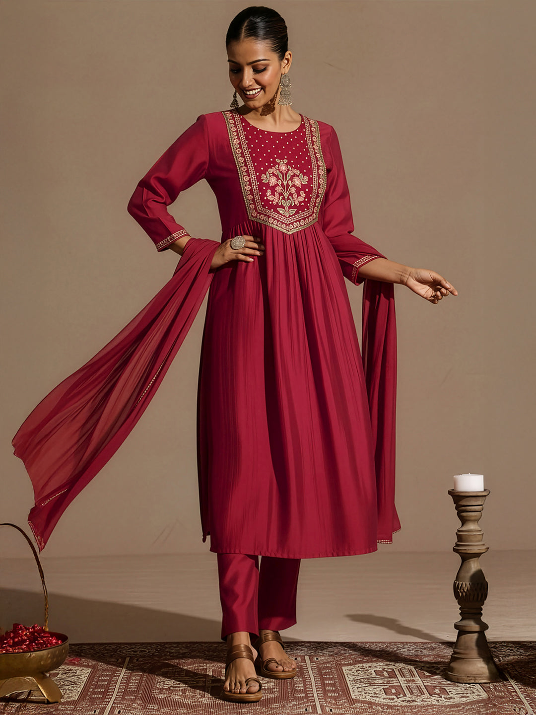 Ninnique Women's Red Silk Blend Embroidered Straight Kurta Set