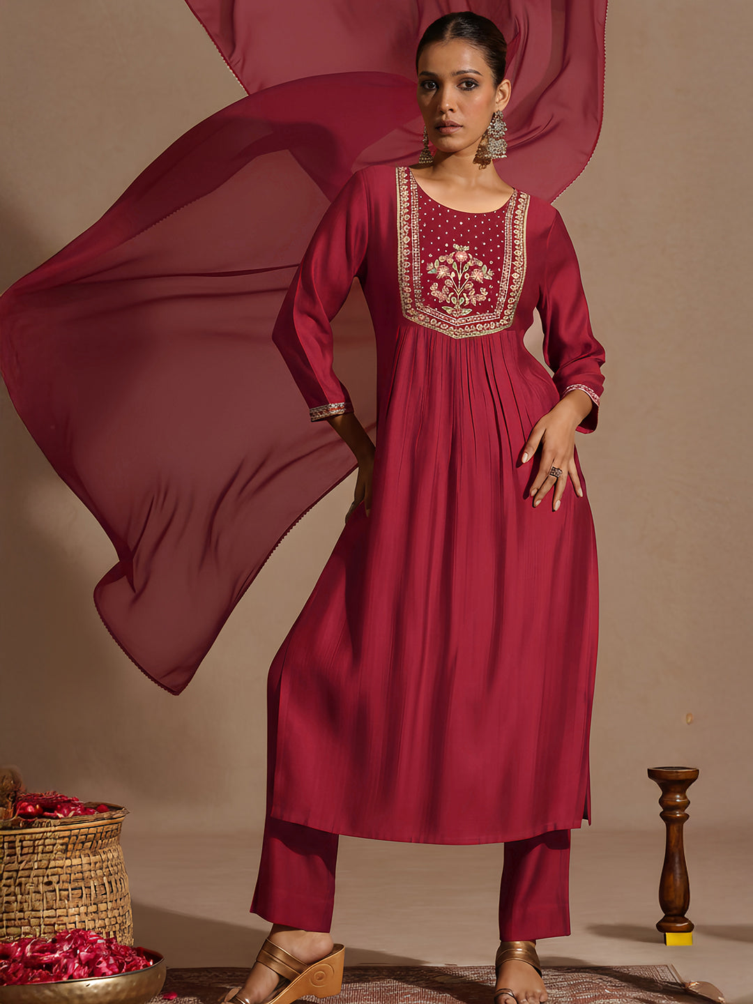 Ninnique Women's Red Silk Blend Embroidered Straight Kurta Set