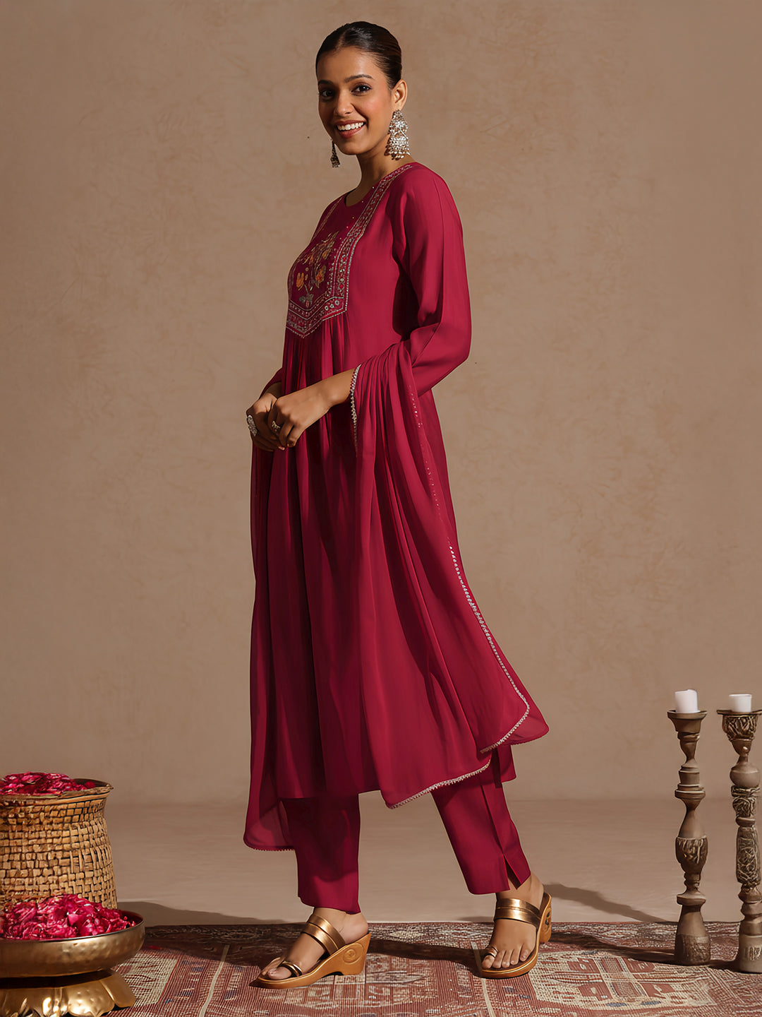 Ninnique Women's Red Silk Blend Embroidered Straight Kurta Set