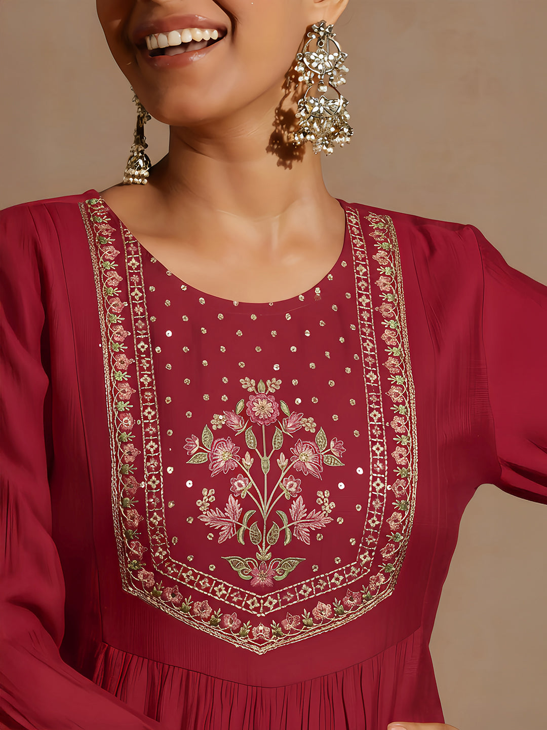 Ninnique Women's Red Silk Blend Embroidered Straight Kurta Set