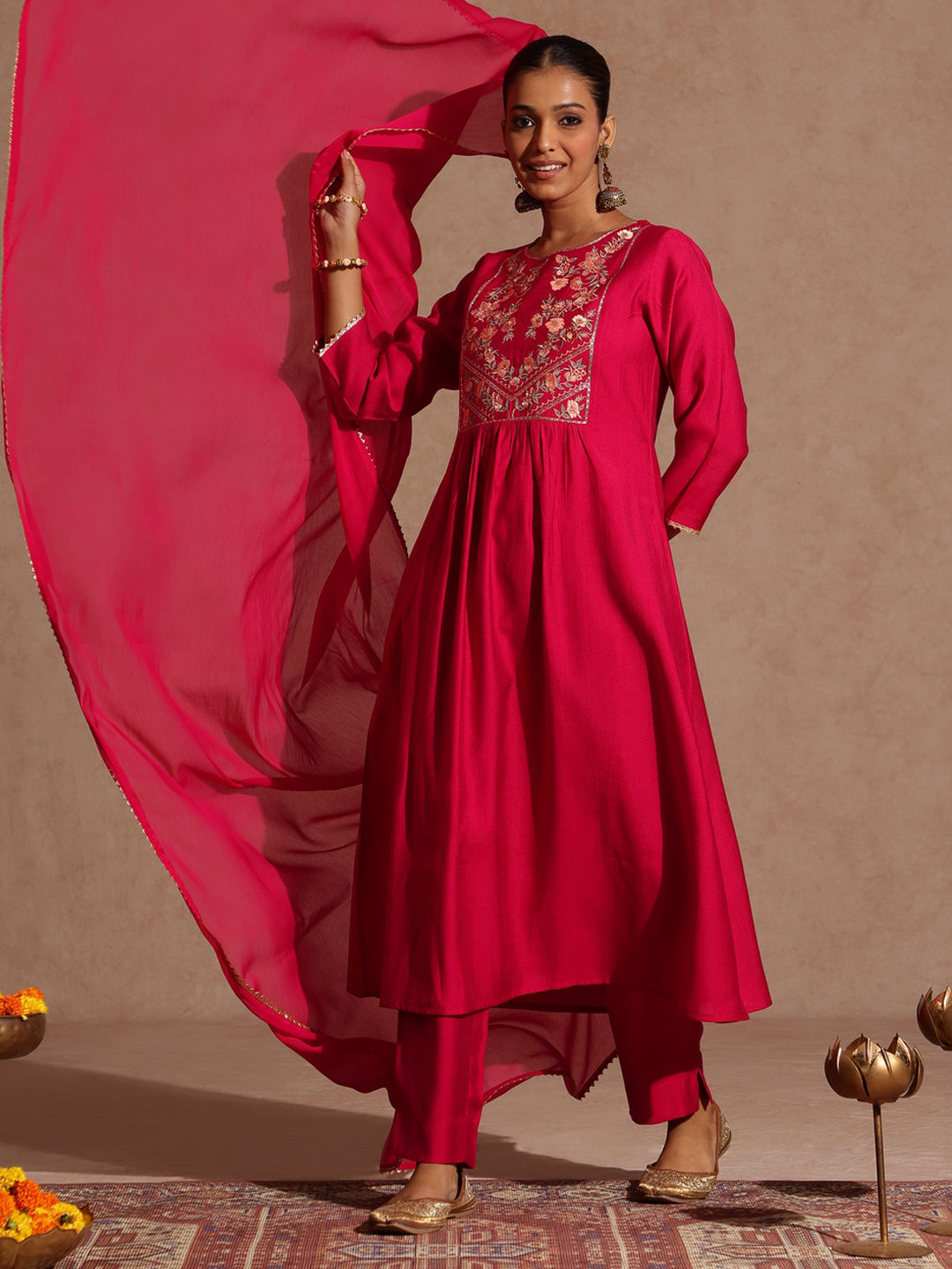 Ninnique Women's Pink Silk Blend Yoke Embroidered A-line Kurta Set