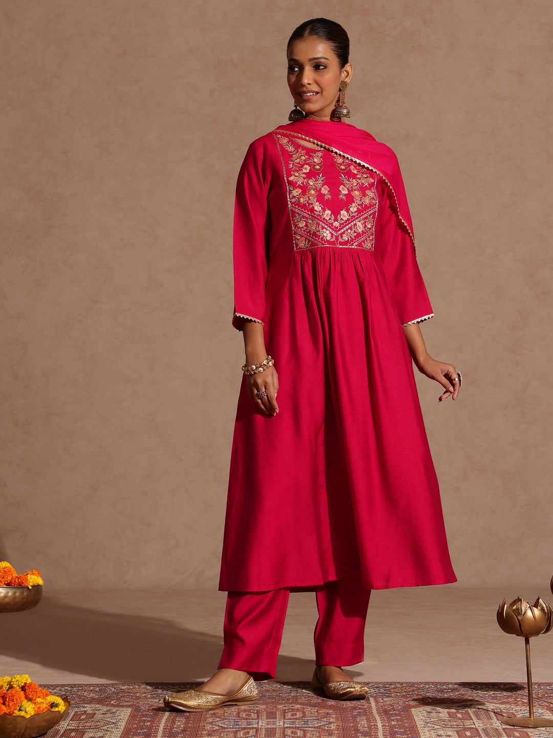 Ninnique Women's Pink Silk Blend Yoke Embroidered A-line Kurta Set