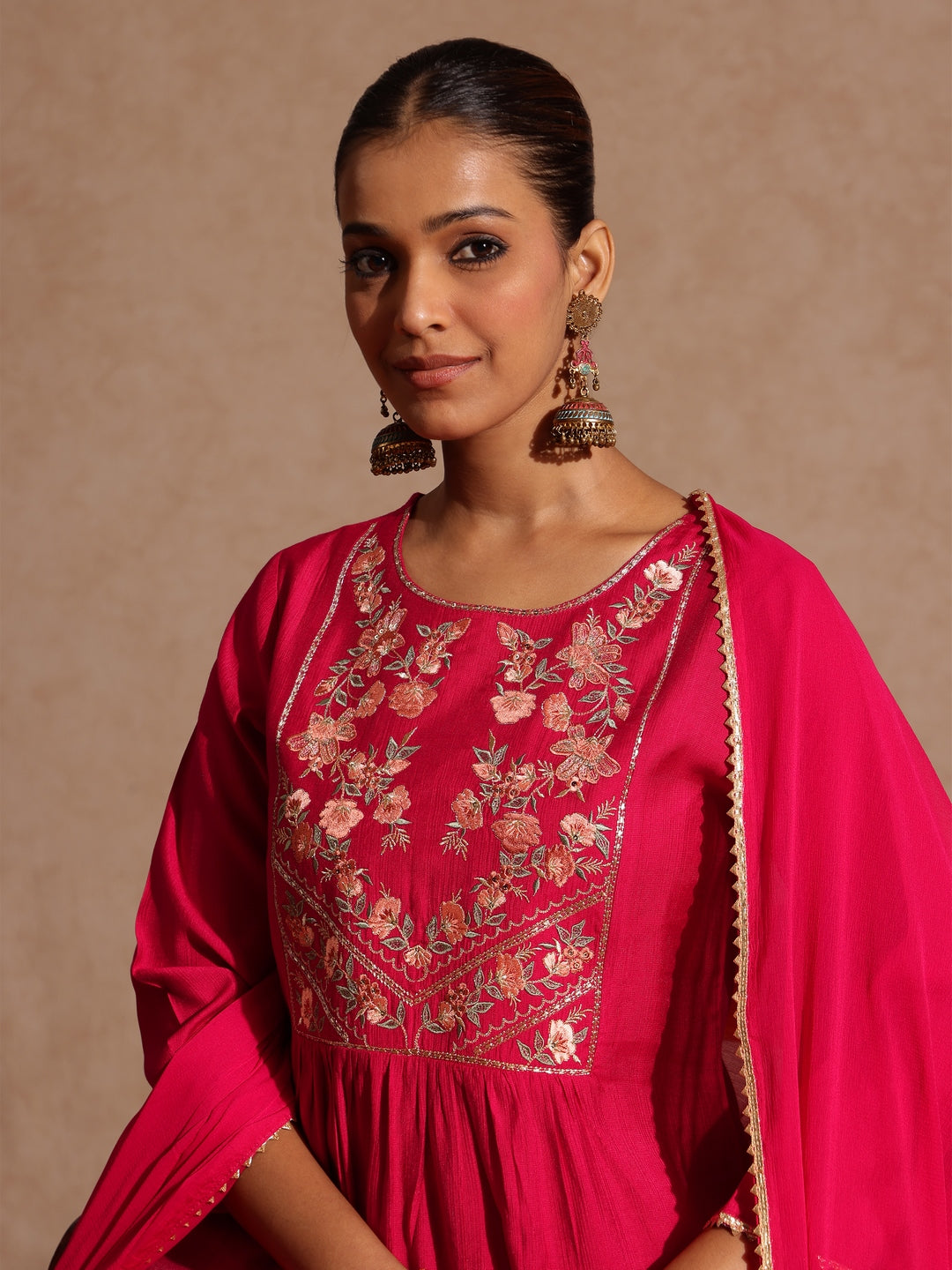 Ninnique Women's Pink Silk Blend Yoke Embroidered A-line Kurta Set
