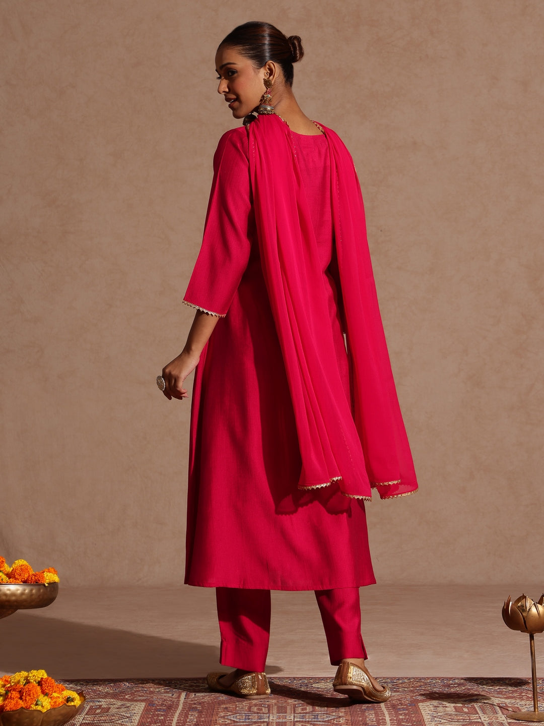 Ninnique Women's Pink Silk Blend Yoke Embroidered A-line Kurta Set