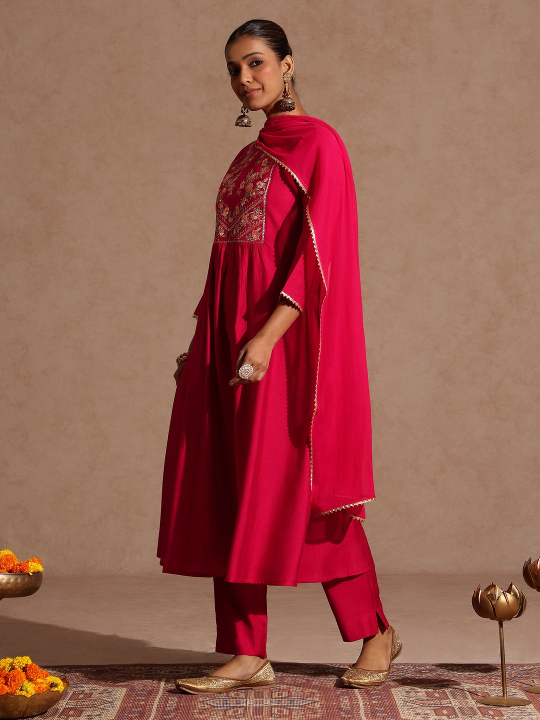 Ninnique Women's Pink Silk Blend Yoke Embroidered A-line Kurta Set
