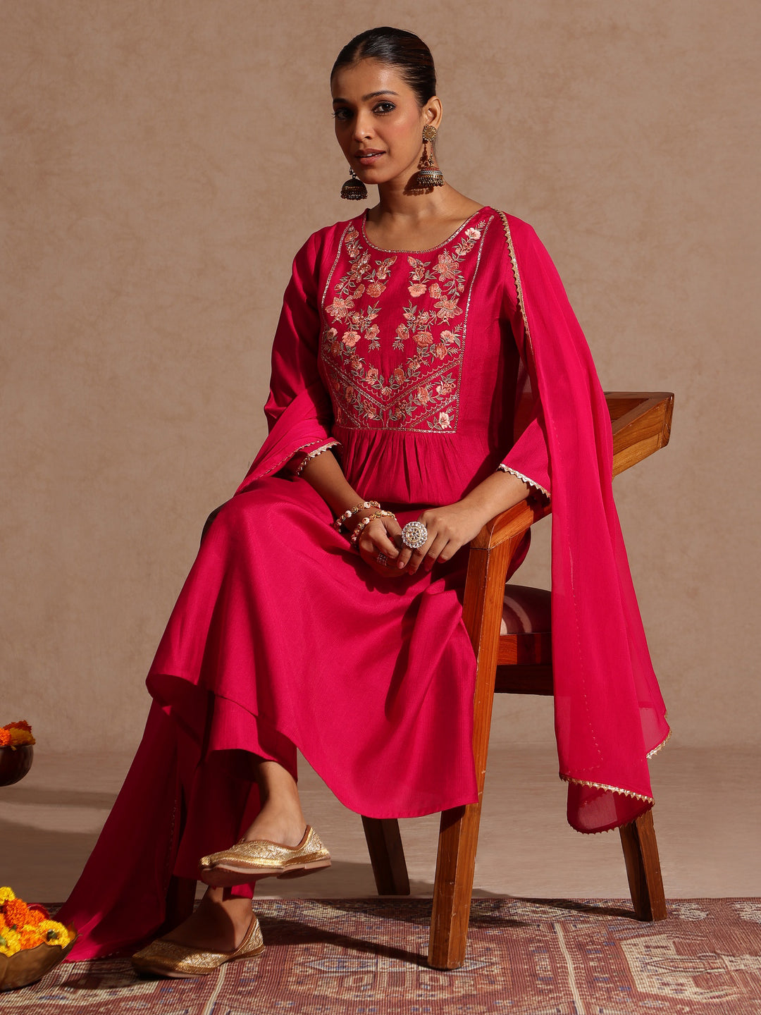 Ninnique Women's Pink Silk Blend Yoke Embroidered A-line Kurta Set