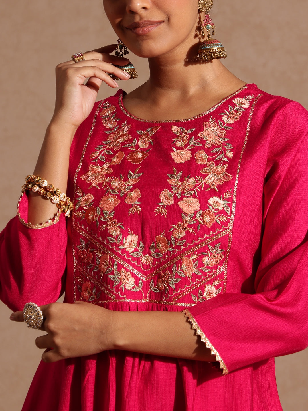 Ninnique Women's Pink Silk Blend Yoke Embroidered A-line Kurta Set