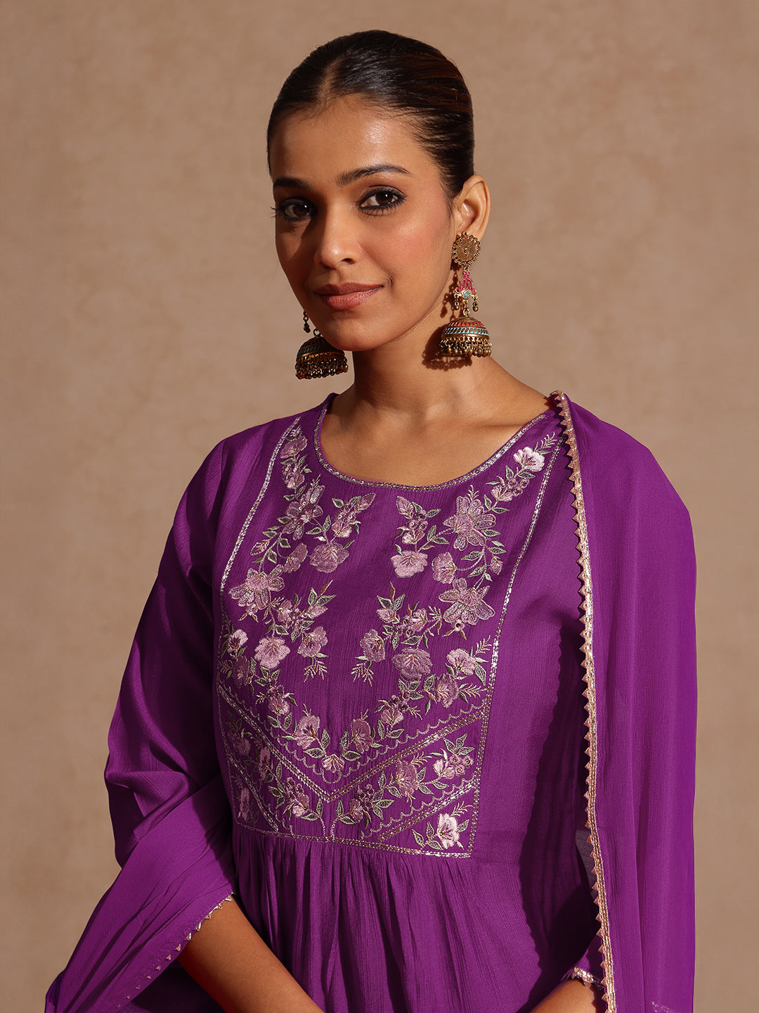 Ninnique Women's Purple Silk Blend Yoke Embroidered A-line Kurta Set