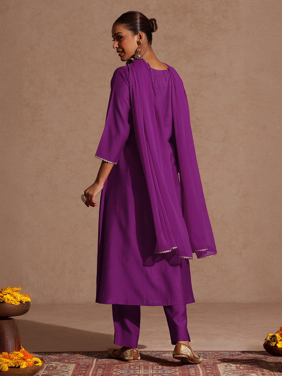 Ninnique Women's Purple Silk Blend Yoke Embroidered A-line Kurta Set