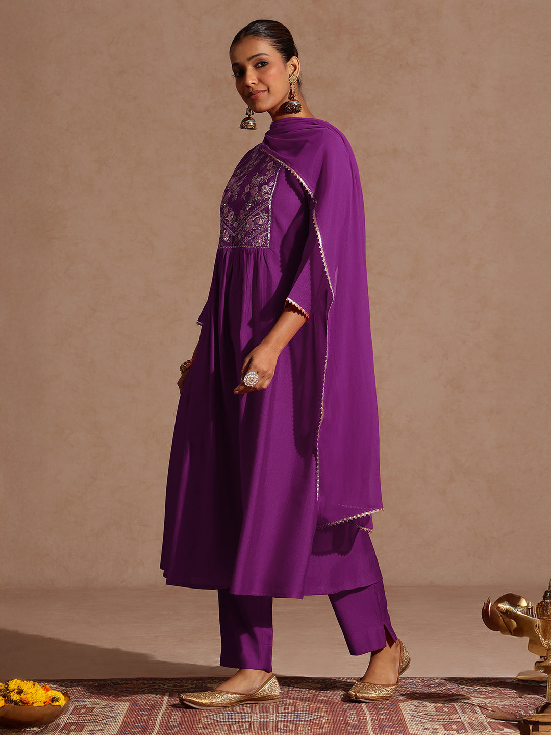 Ninnique Women's Purple Silk Blend Yoke Embroidered A-line Kurta Set