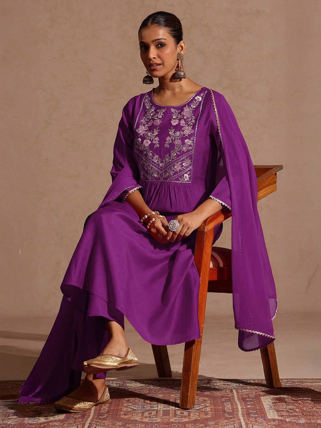 Ninnique Women's Purple Silk Blend Yoke Embroidered A-line Kurta Set
