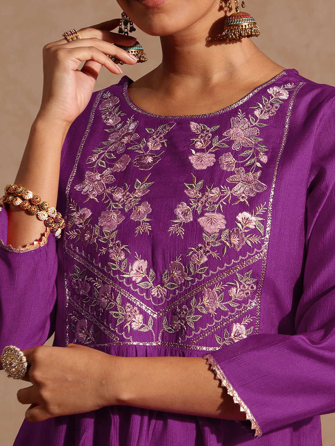 Ninnique Women's Purple Silk Blend Yoke Embroidered A-line Kurta Set