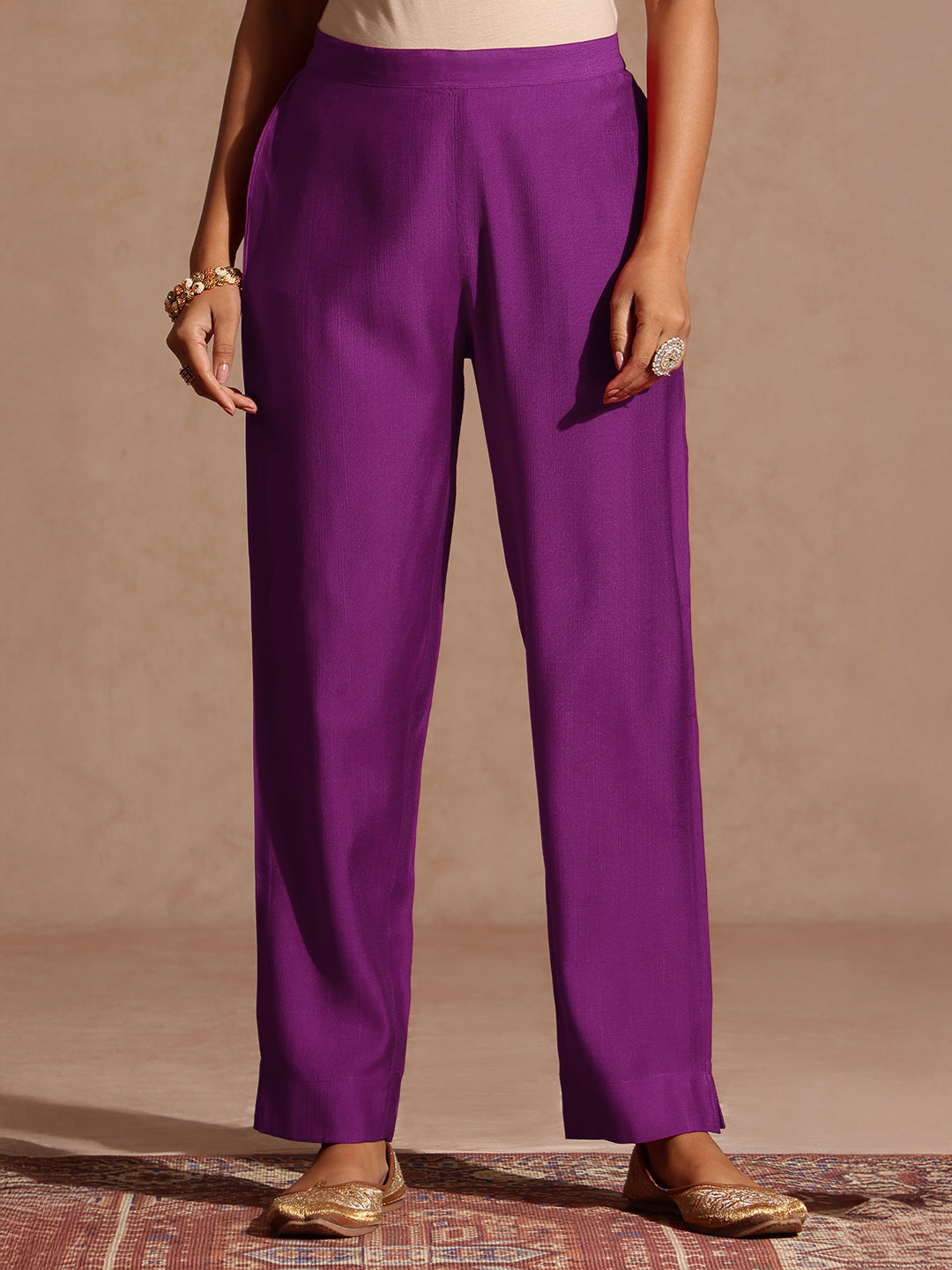 Ninnique Women's Purple Silk Blend Yoke Embroidered A-line Kurta Set