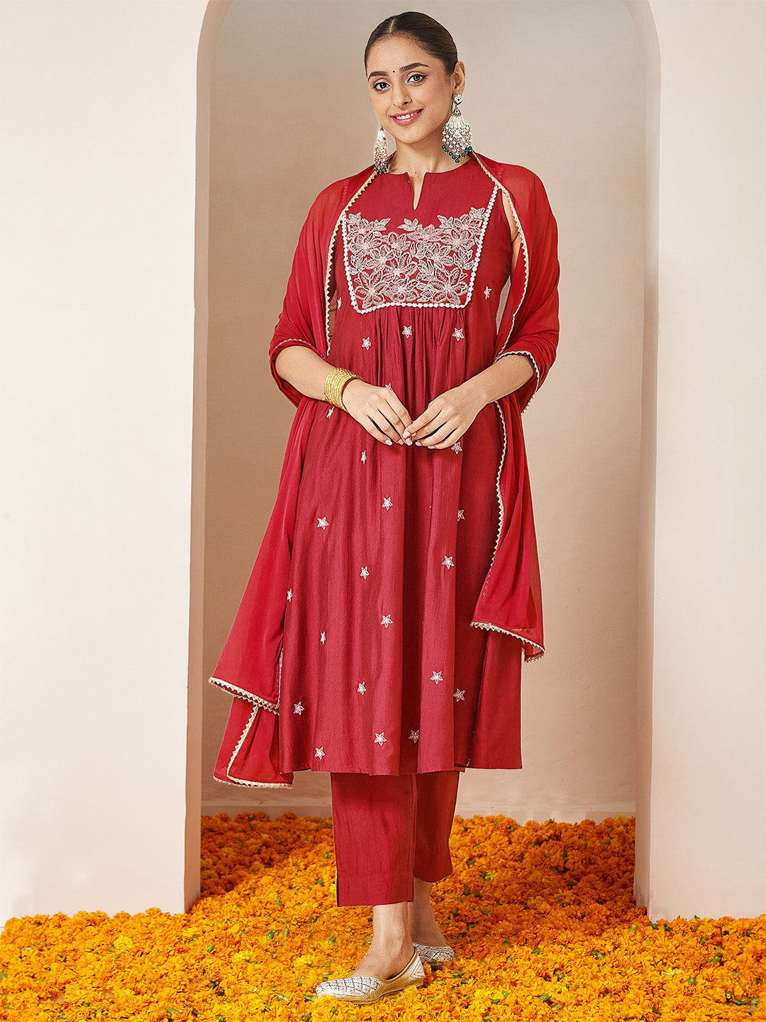 Ninnique Women's Red Silk Blend Embroidered A-line Kurta Set