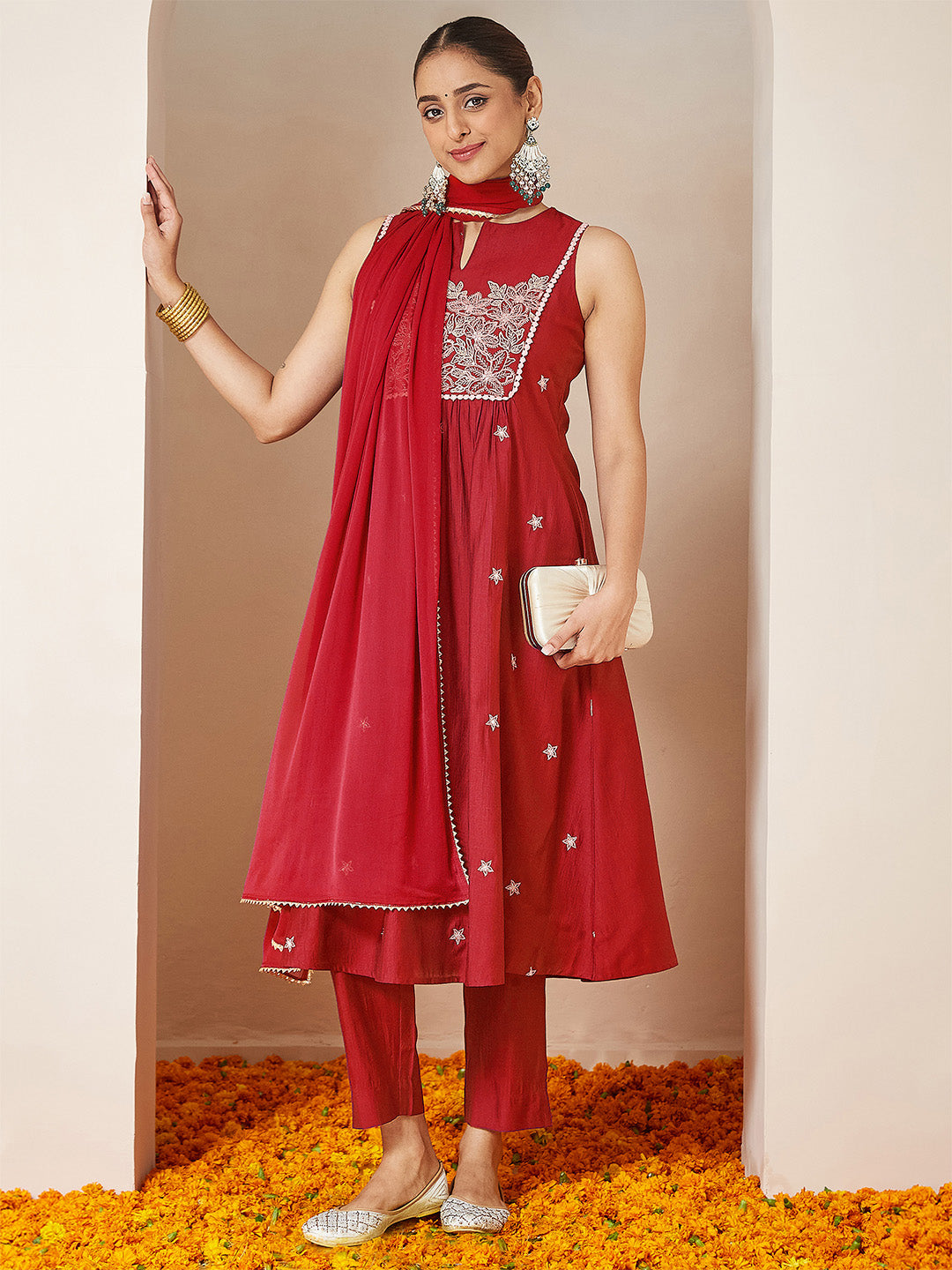 Ninnique Women's Red Silk Blend Embroidered A-line Kurta Set