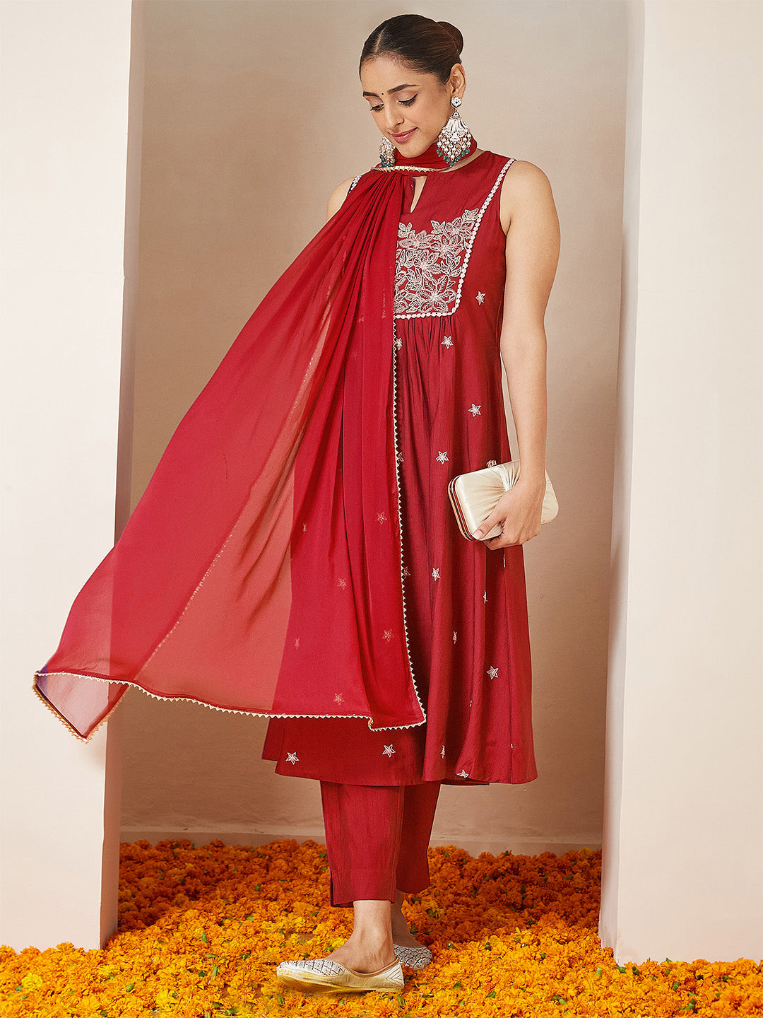 Ninnique Women's Red Silk Blend Embroidered A-line Kurta Set