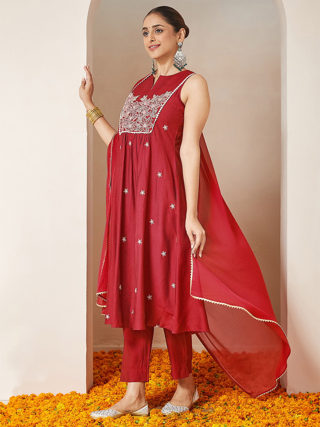Ninnique Women's Red Silk Blend Embroidered A-line Kurta Set