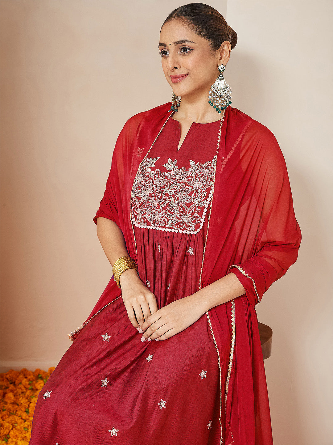Ninnique Women's Red Silk Blend Embroidered A-line Kurta Set