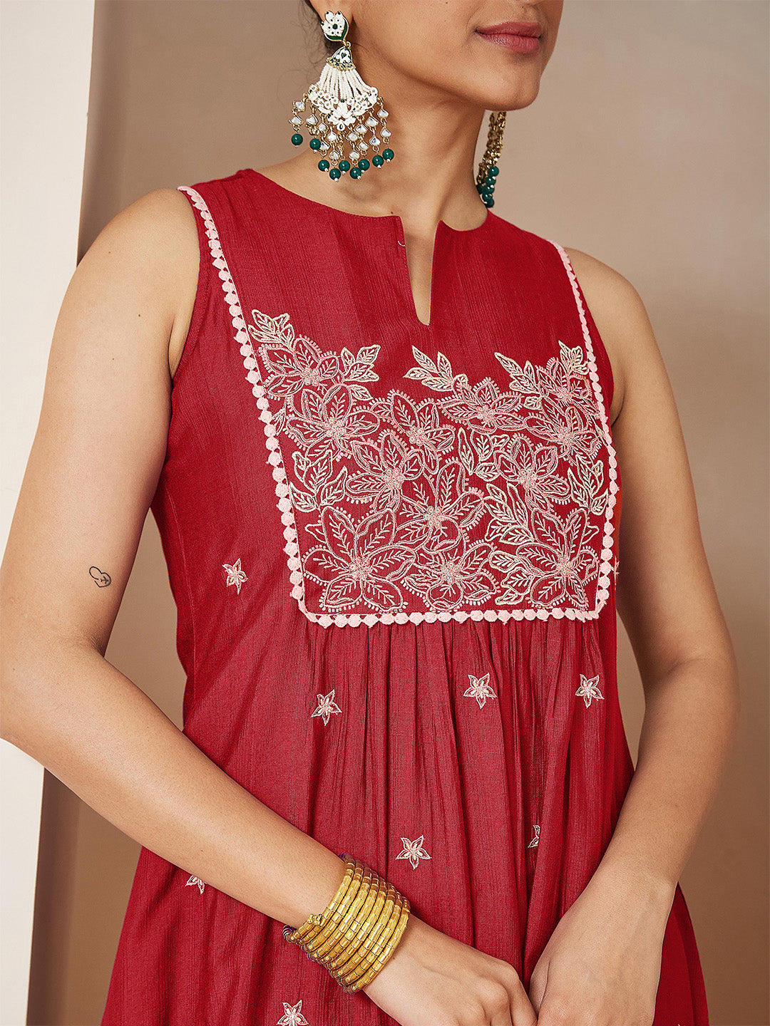 Ninnique Women's Red Silk Blend Embroidered A-line Kurta Set