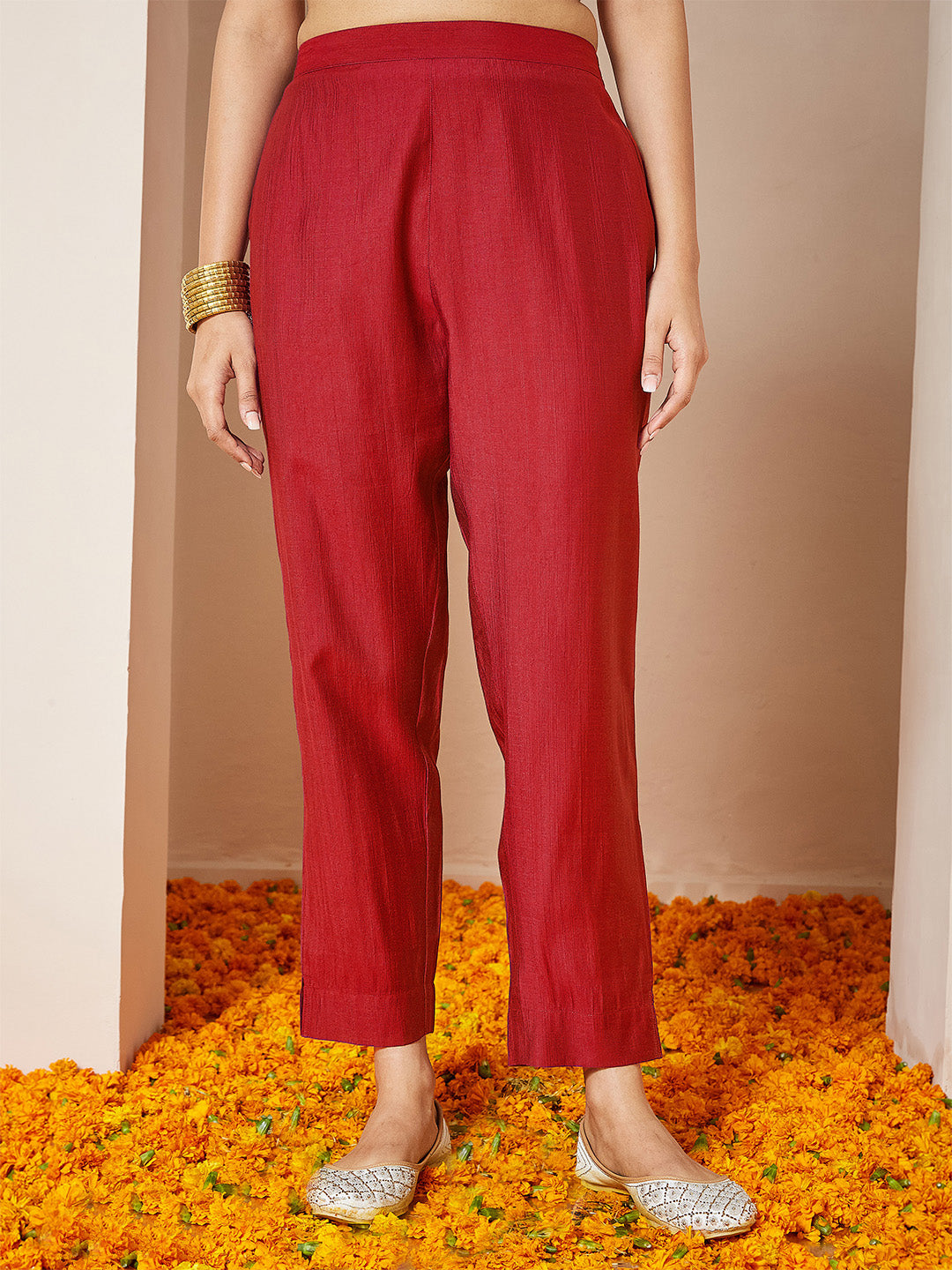 Ninnique Women's Red Silk Blend Embroidered A-line Kurta Set