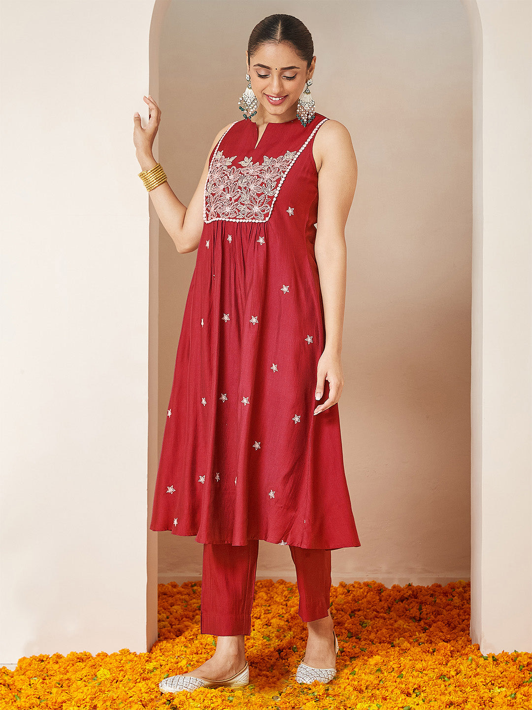 Ninnique Women's Red Silk Blend Embroidered A-line Kurta Set