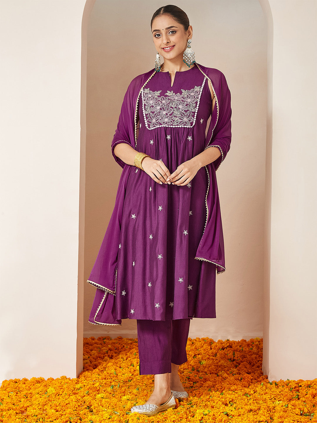 Ninnique Women's Purple Silk Blend Embroidered Straight Kurta Set