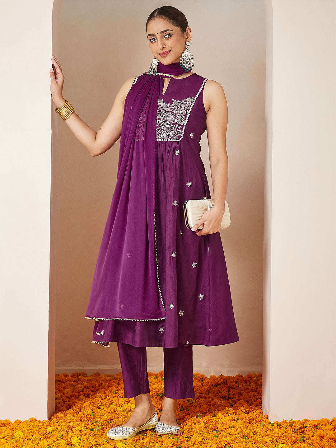 Ninnique Women's Purple Silk Blend Embroidered Straight Kurta Set
