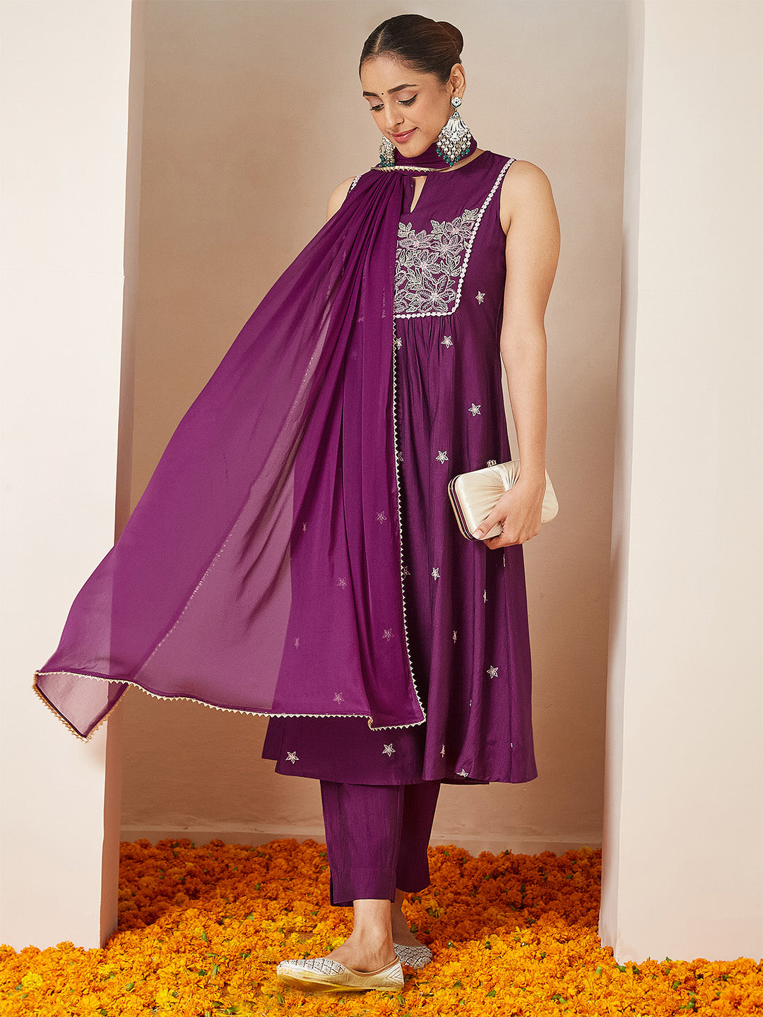 Ninnique Women's Purple Silk Blend Embroidered Straight Kurta Set