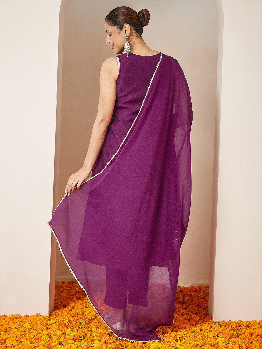Ninnique Women's Purple Silk Blend Embroidered Straight Kurta Set