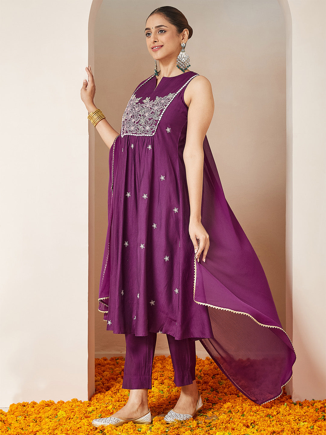 Ninnique Women's Purple Silk Blend Embroidered Straight Kurta Set