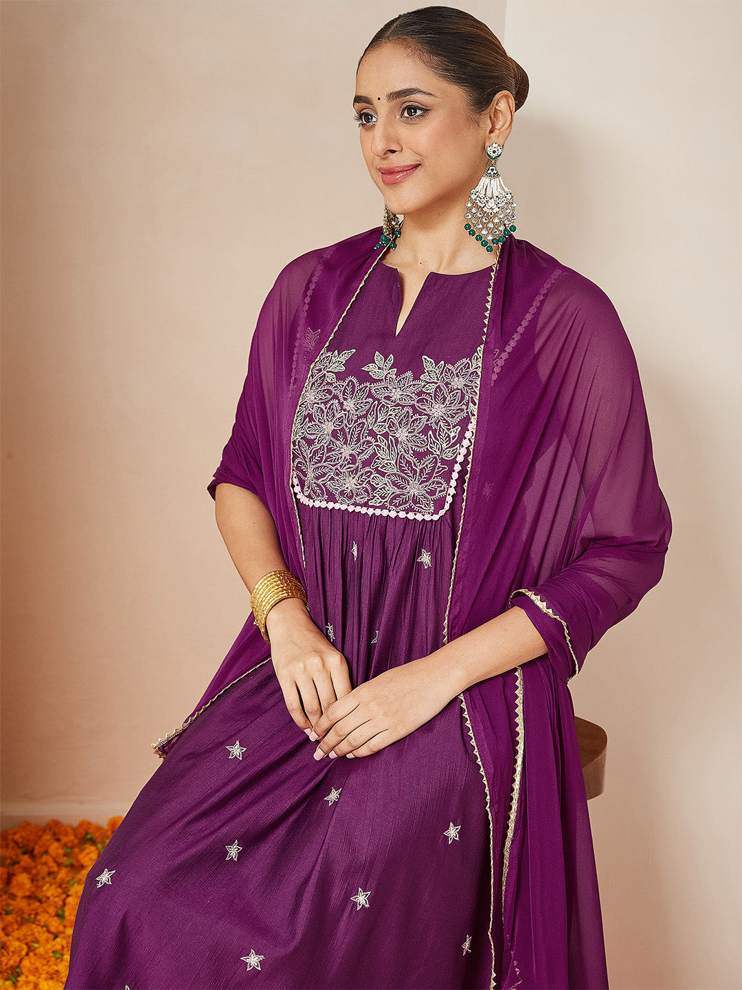 Ninnique Women's Purple Silk Blend Embroidered Straight Kurta Set