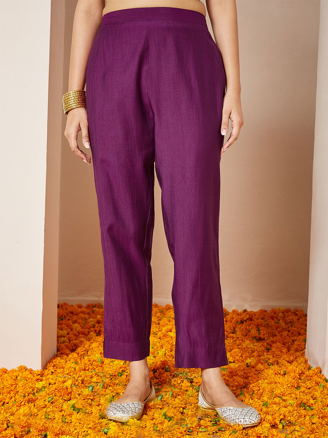Ninnique Women's Purple Silk Blend Embroidered Straight Kurta Set