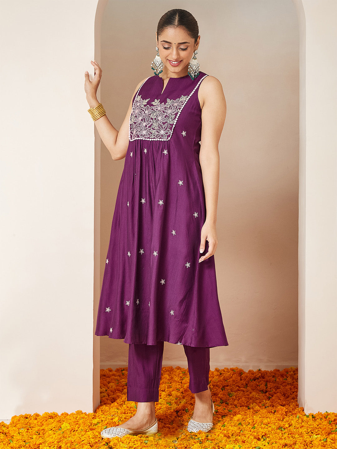 Ninnique Women's Purple Silk Blend Embroidered Straight Kurta Set