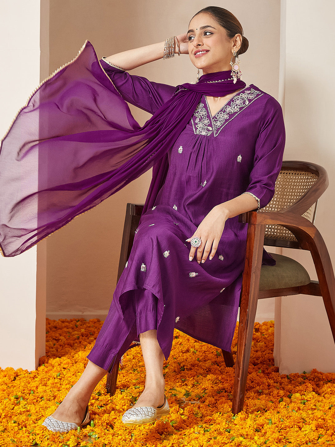 Ninnique Women's Purple Silk Blend Embroidered A-line Kurta Set