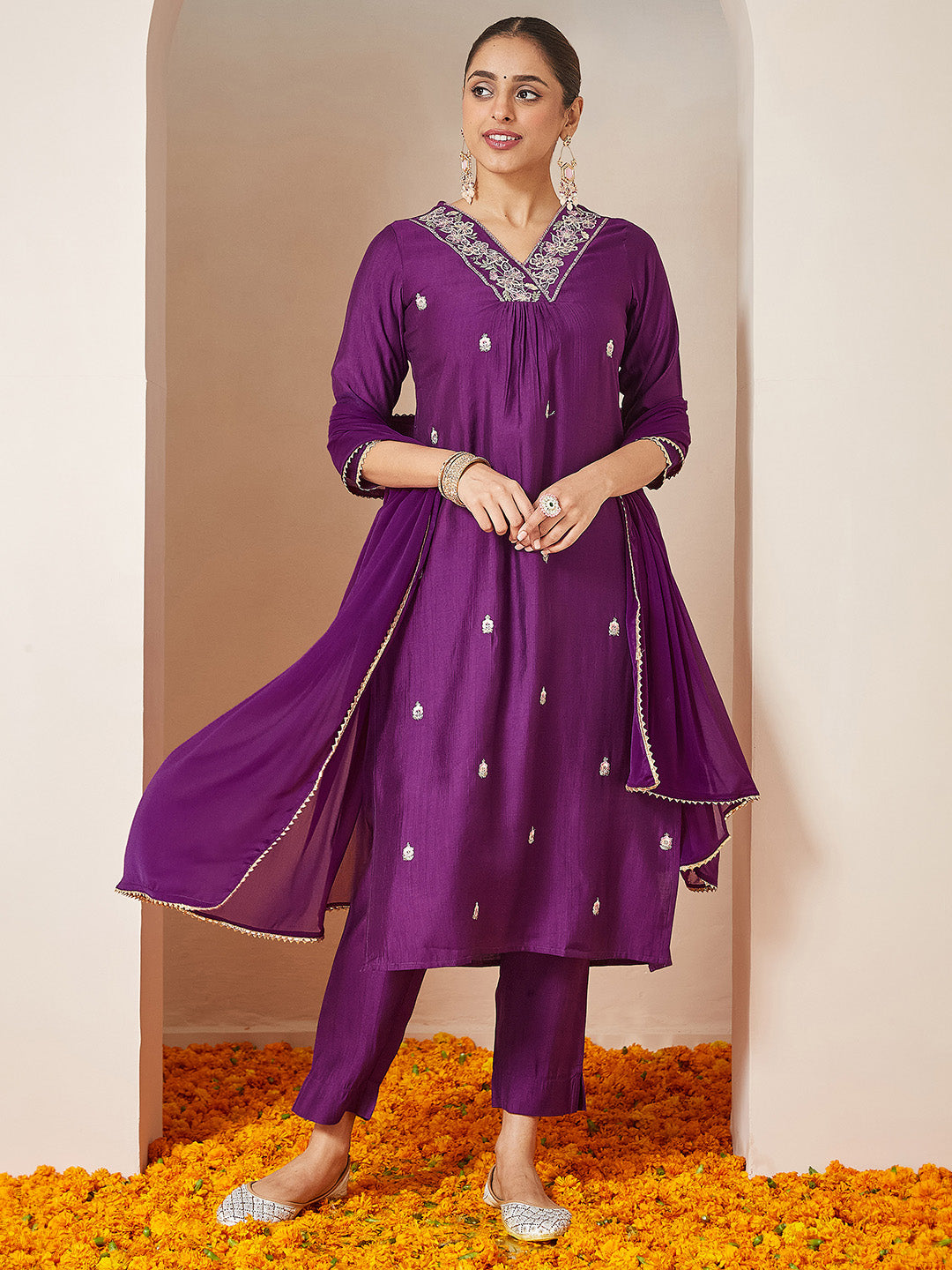 Ninnique Women's Purple Silk Blend Embroidered A-line Kurta Set