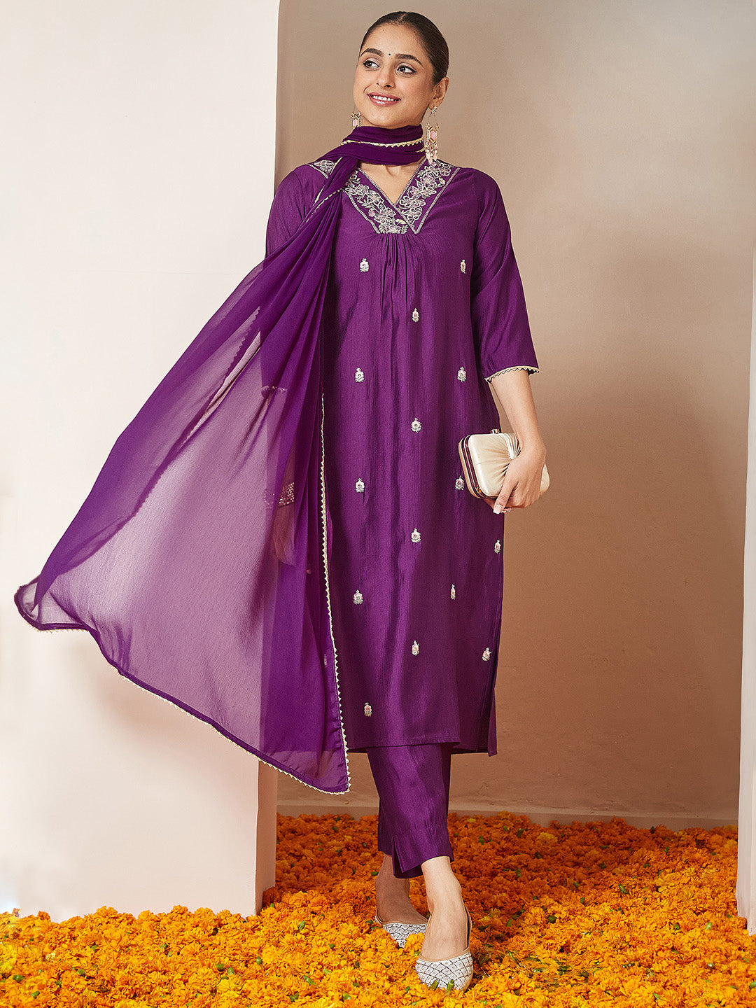 Ninnique Women's Purple Silk Blend Embroidered A-line Kurta Set