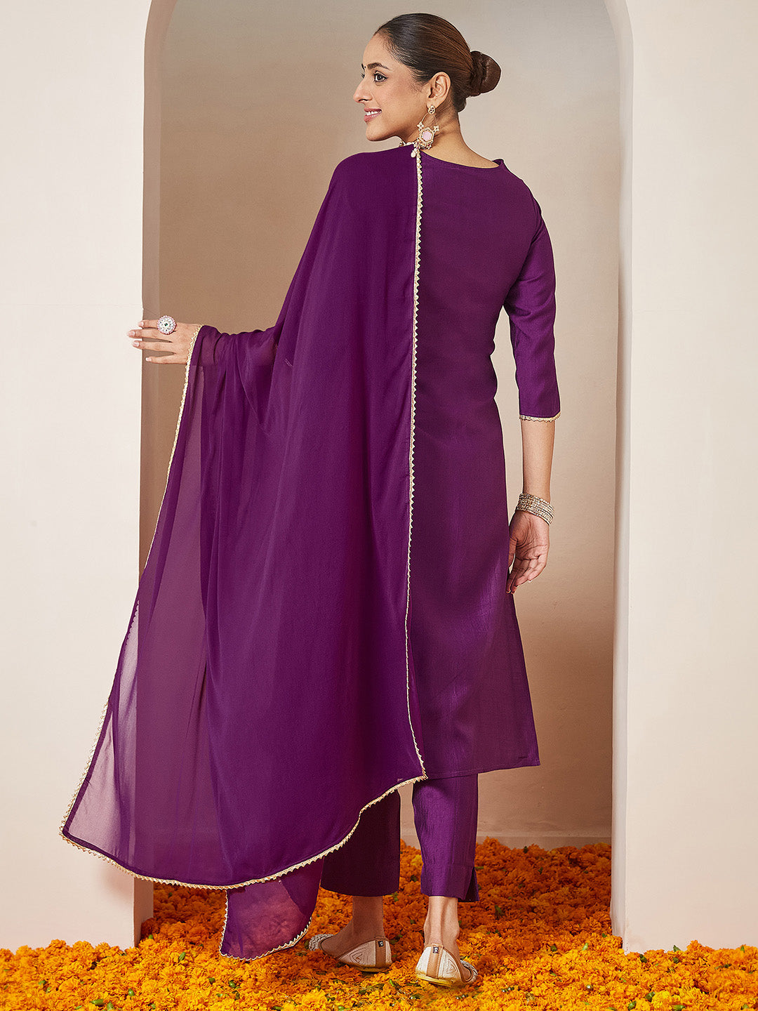 Ninnique Women's Purple Silk Blend Embroidered A-line Kurta Set