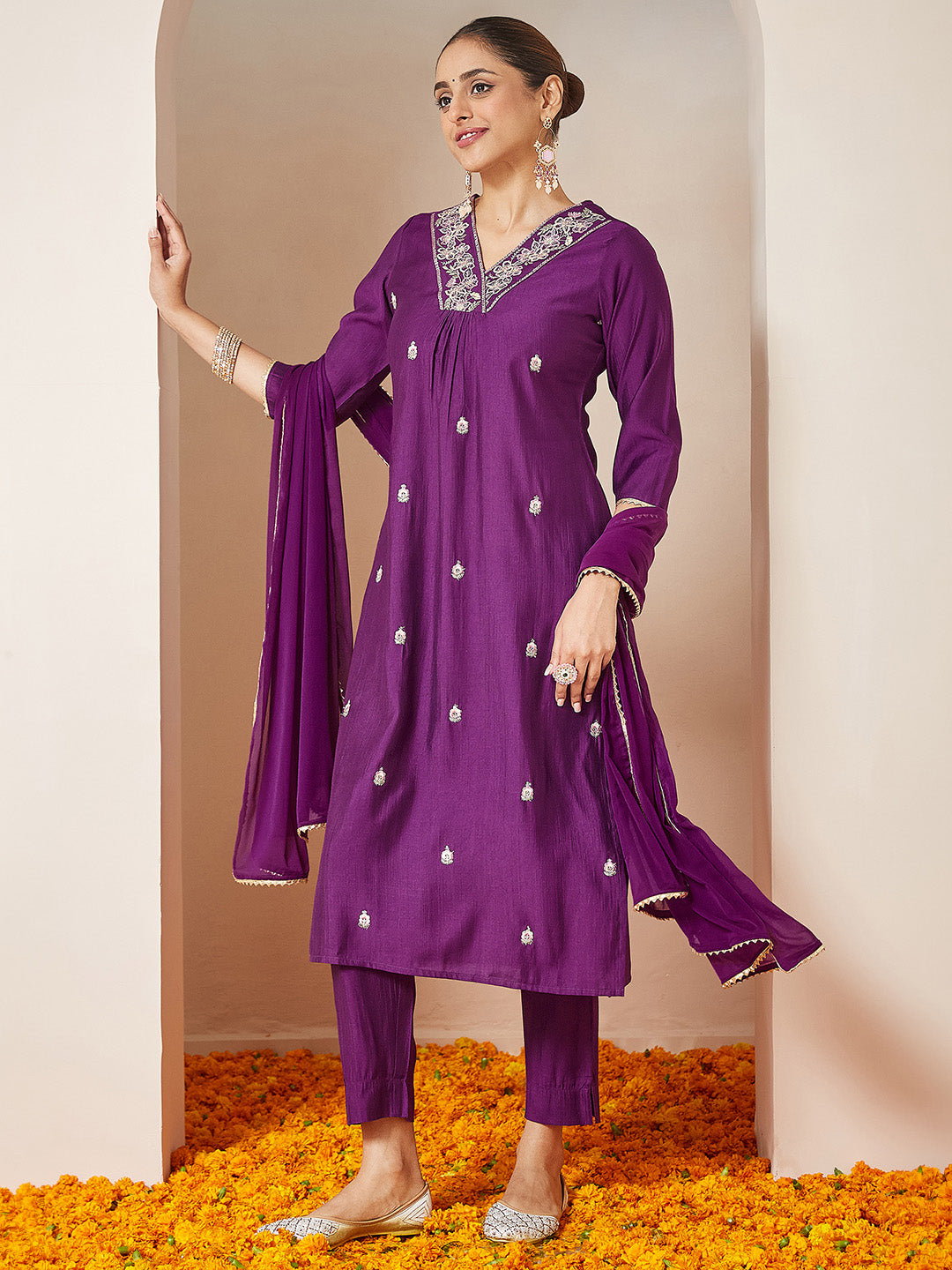 Ninnique Women's Purple Silk Blend Embroidered A-line Kurta Set