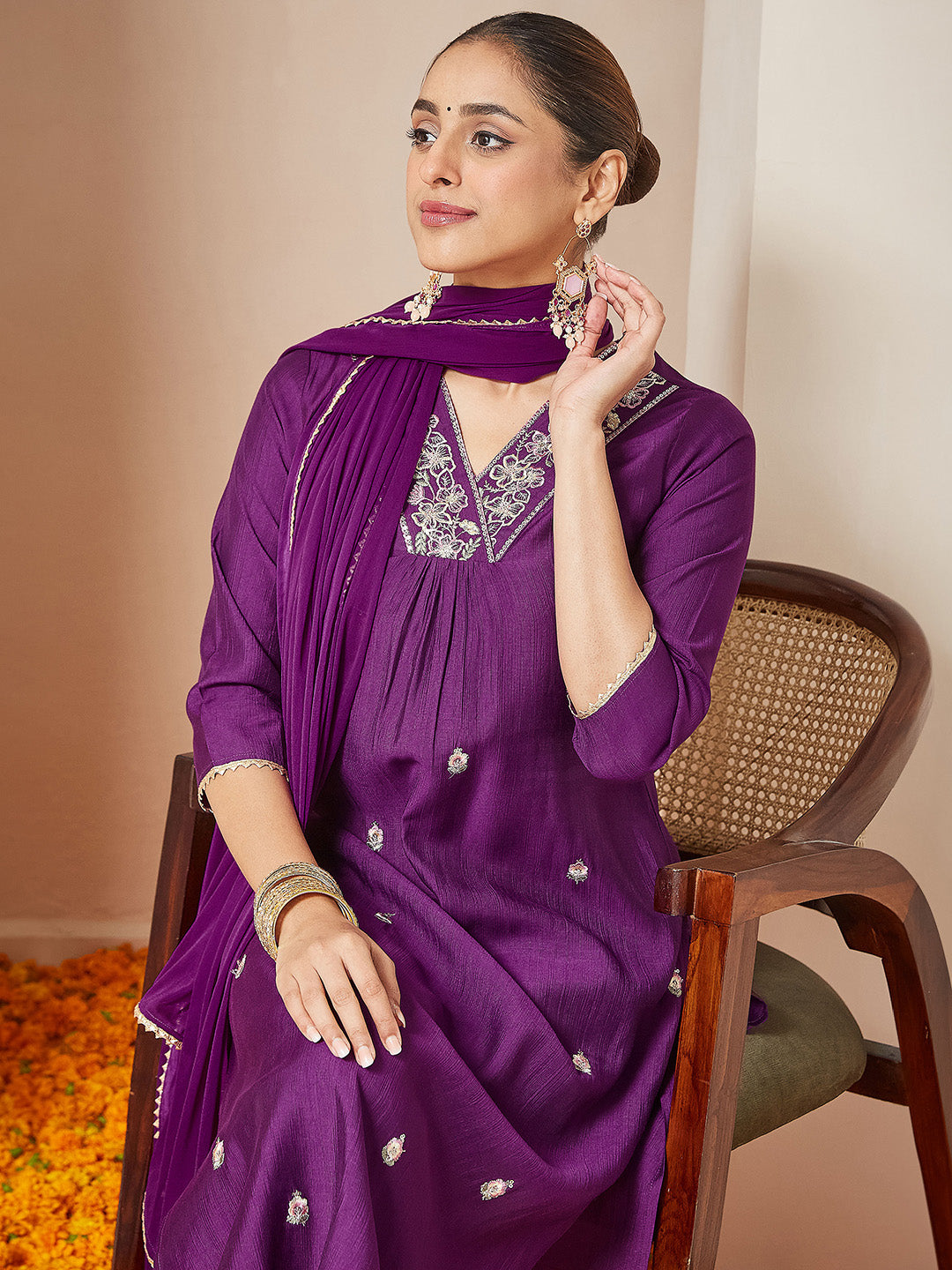 Ninnique Women's Purple Silk Blend Embroidered A-line Kurta Set