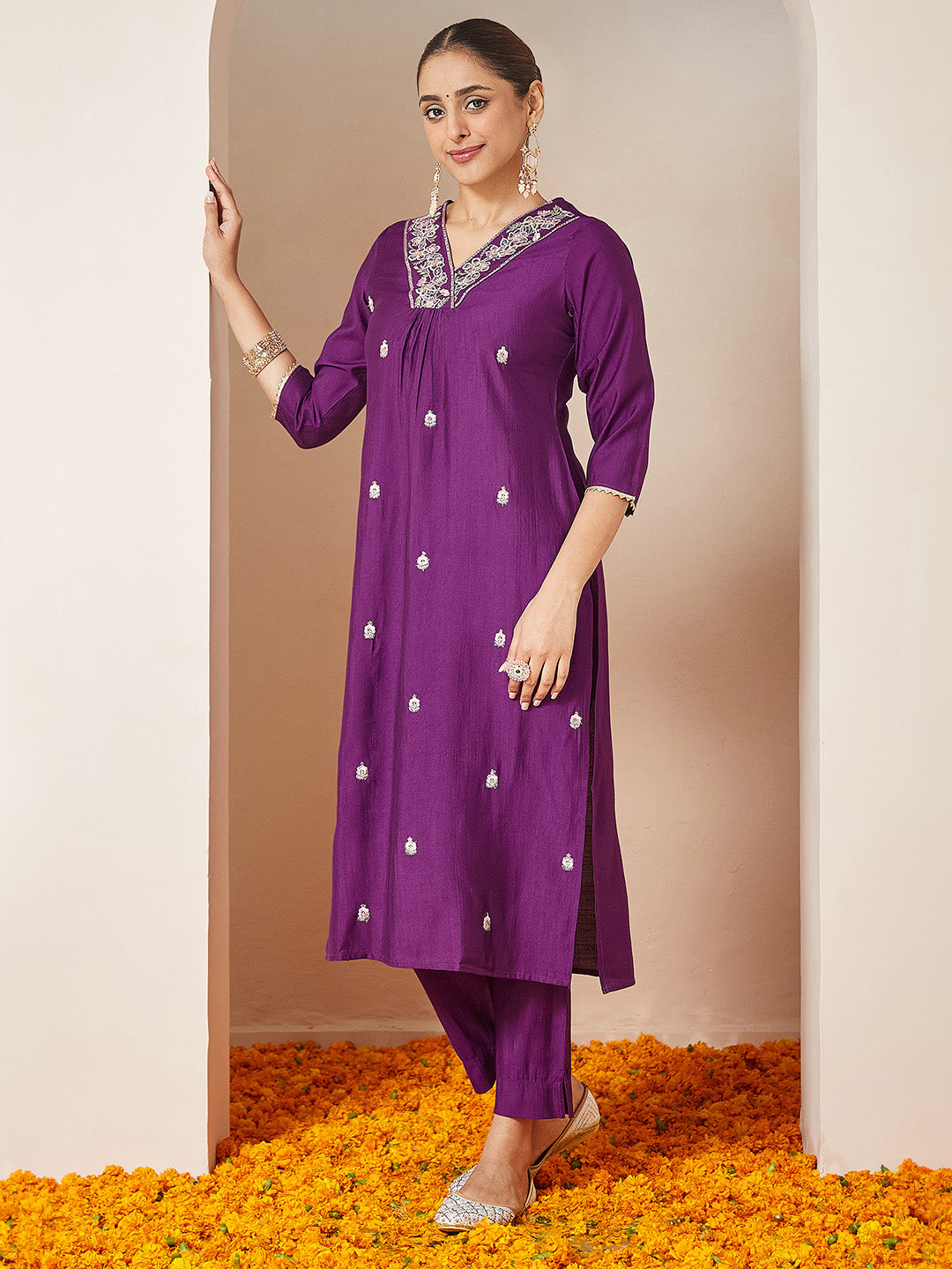 Ninnique Women's Purple Silk Blend Embroidered A-line Kurta Set