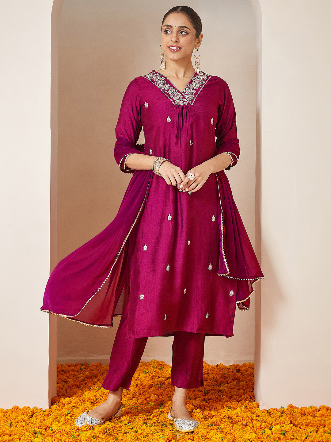 Ninnique Women's Pink Silk Blend Embroidered A-line Kurta Set