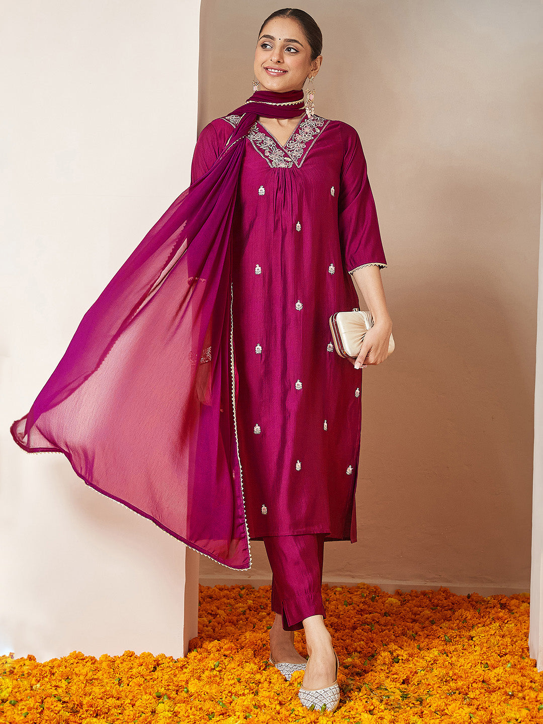 Ninnique Women's Pink Silk Blend Embroidered A-line Kurta Set