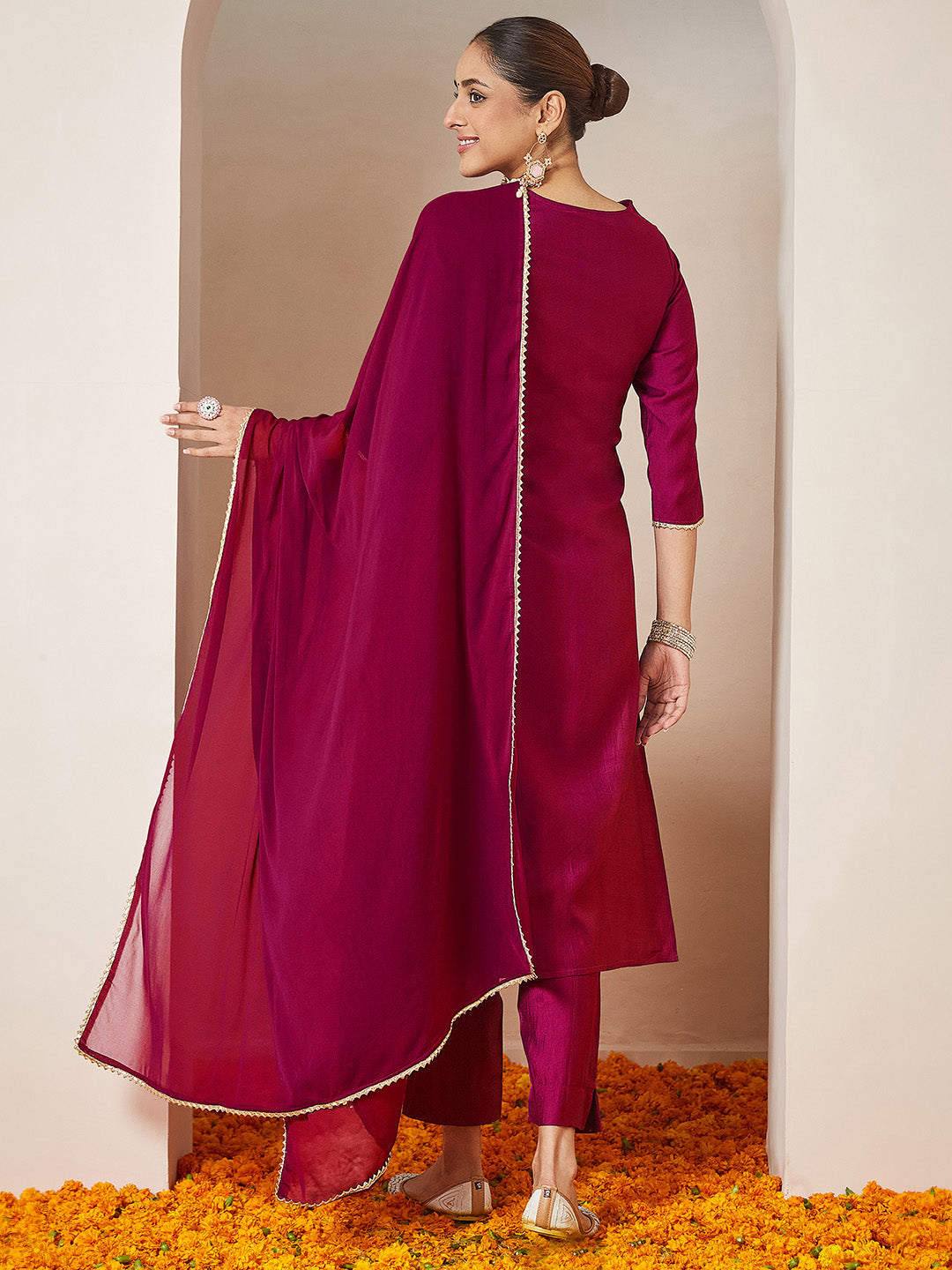 Ninnique Women's Pink Silk Blend Embroidered A-line Kurta Set