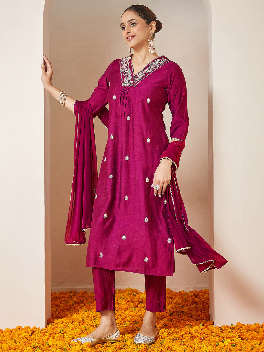 Ninnique Women's Pink Silk Blend Embroidered A-line Kurta Set