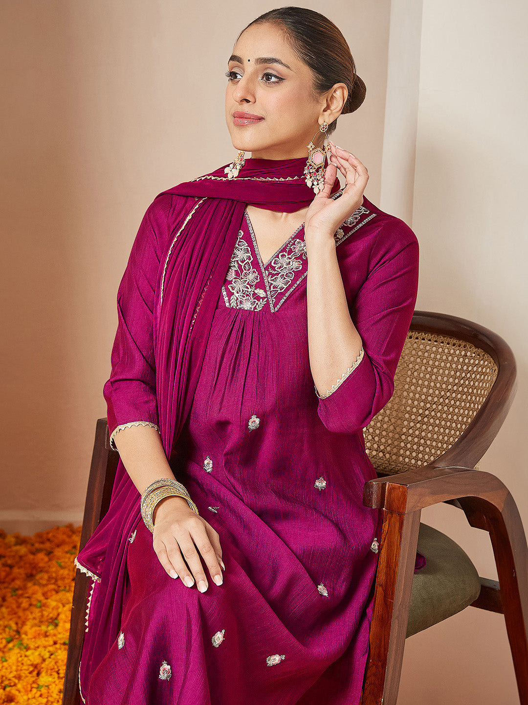 Ninnique Women's Pink Silk Blend Embroidered A-line Kurta Set
